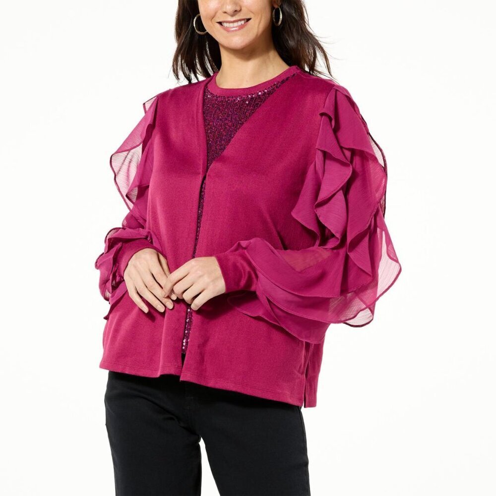 IMAN Deep Red Ruffle Sleeve Blouse Size XL